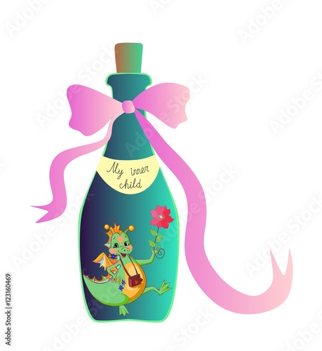My inner child. Cute cartoon allegorical illustration with cheerful little dragon in the bottle. Vector image.
