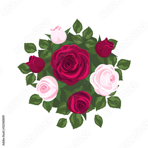 white roses, pink roses and red roses on white background. roses card