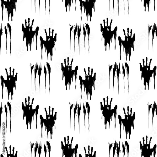 Black handprints on white seamless pattern. Horror background vector illustration