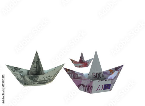 Dollar and euro boats isolated on white