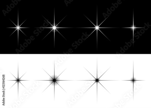 Set of sparkle lights stars. Flares or stars with rays, explosion, fireworks. Isolated vector illustration