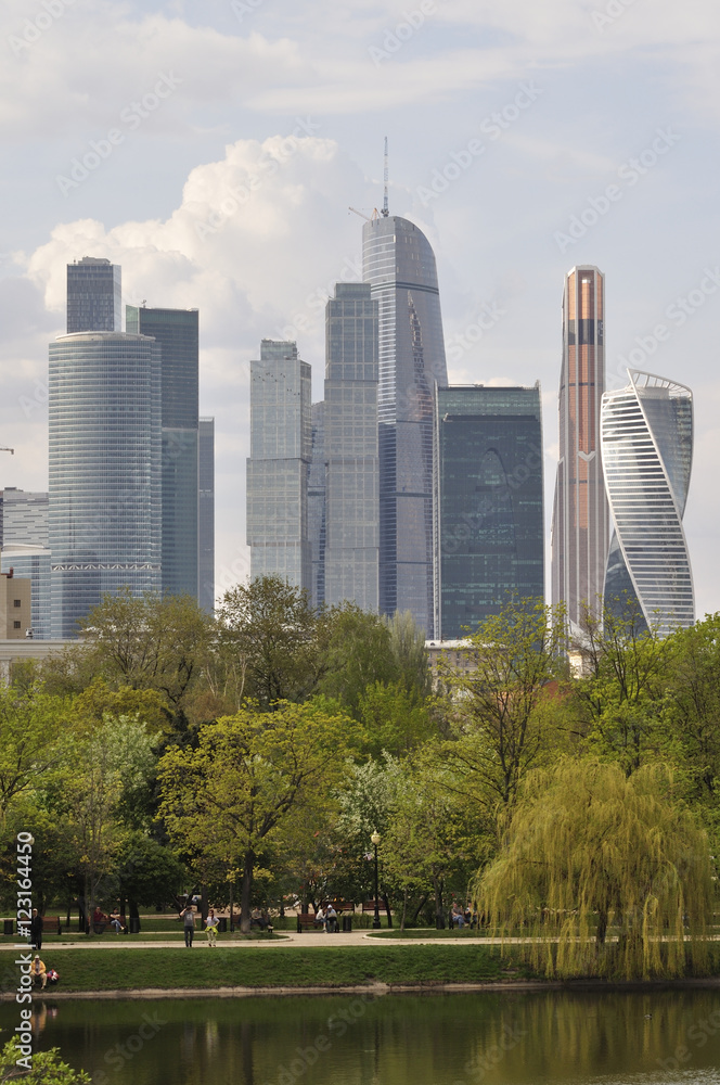 Obraz premium View from the park at the skyscrapers of the Moscow Business Center.