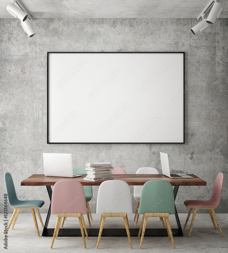 mock up blank poster on the wall of hipster meeting room, 3D rendering, 3D illustration mock up blank poster on the wall of hipster meeting room, 3D rendering, 3D illustration