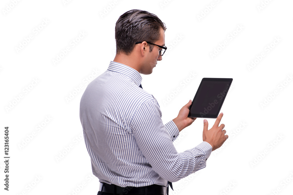 Handsome businessman working with tablet computer isolated on wh Handsome businessman working with tablet computer isolated on wh