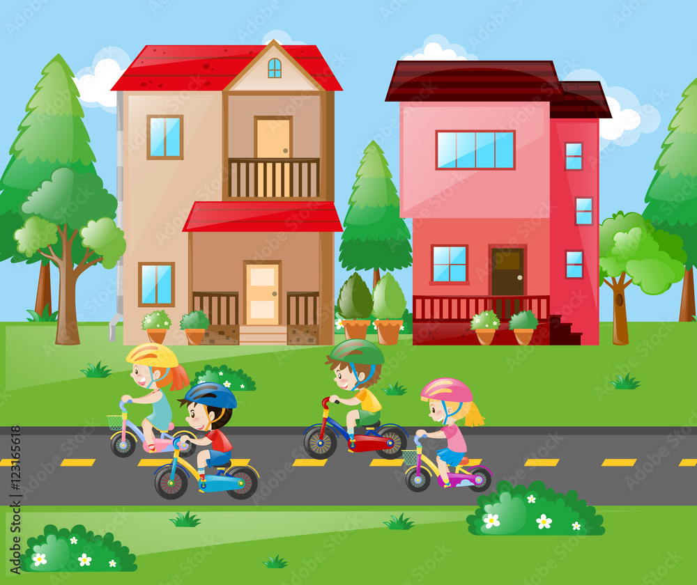 Children cycling in the neighborhood Children cycling in the neighborhood