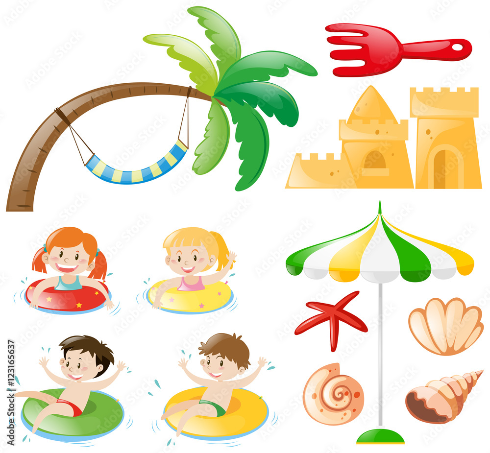 Fototapeta premium Children swimming and beach objects
