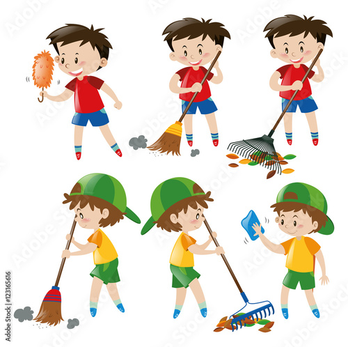 Boy doing different chores