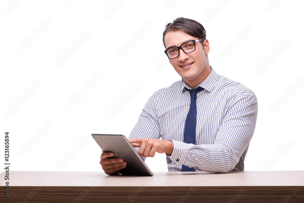 Handsome businessman working with tablet computer isolated on wh Handsome businessman working with tablet computer isolated on wh