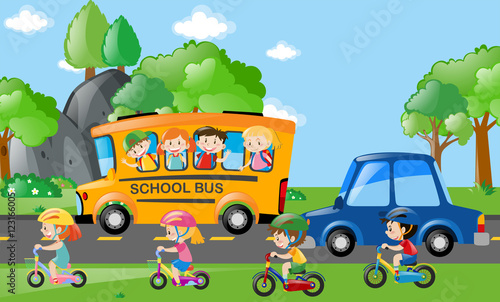 Children on bus and bike