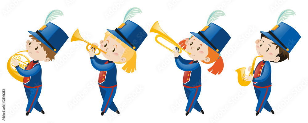 Kids in school band wearing blue uniform Kids in school band wearing blue uniform