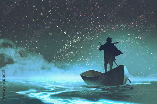 Фотография man rowing a boat in the sea under beautiful sky with stars,illustration paintin
