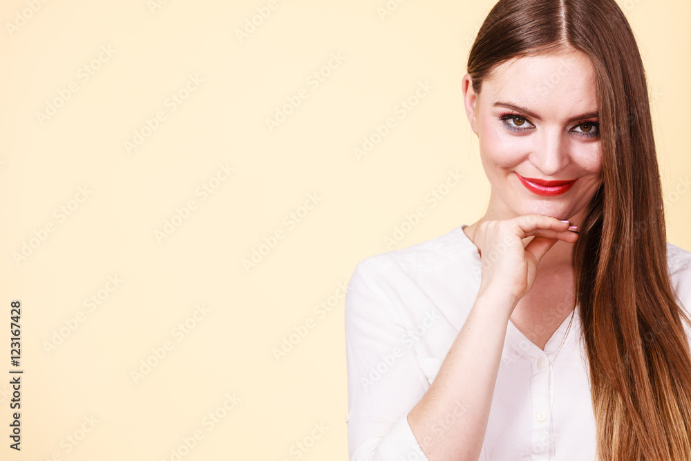 Woman charming girl long hair looking at camera Woman charming girl long hair looking at camera