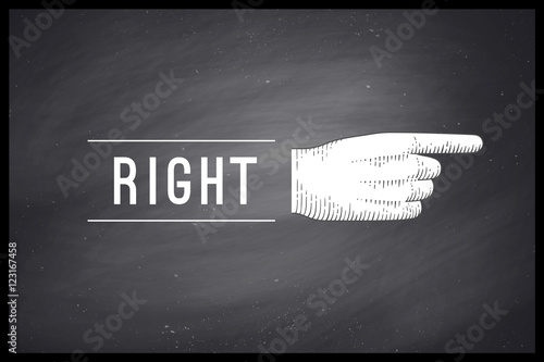 Vintage drawing of hand sign with pointing finger in engraving retro style and text Right on chalkboard. Old drawn pointing finger for sign, information sign and navigation. Vector Illustration