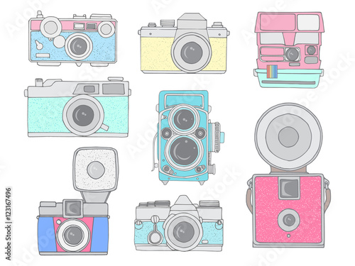 Colorful retro camera set. Hand drawn vintage photocameras set with cute patterns. Vector illustration.