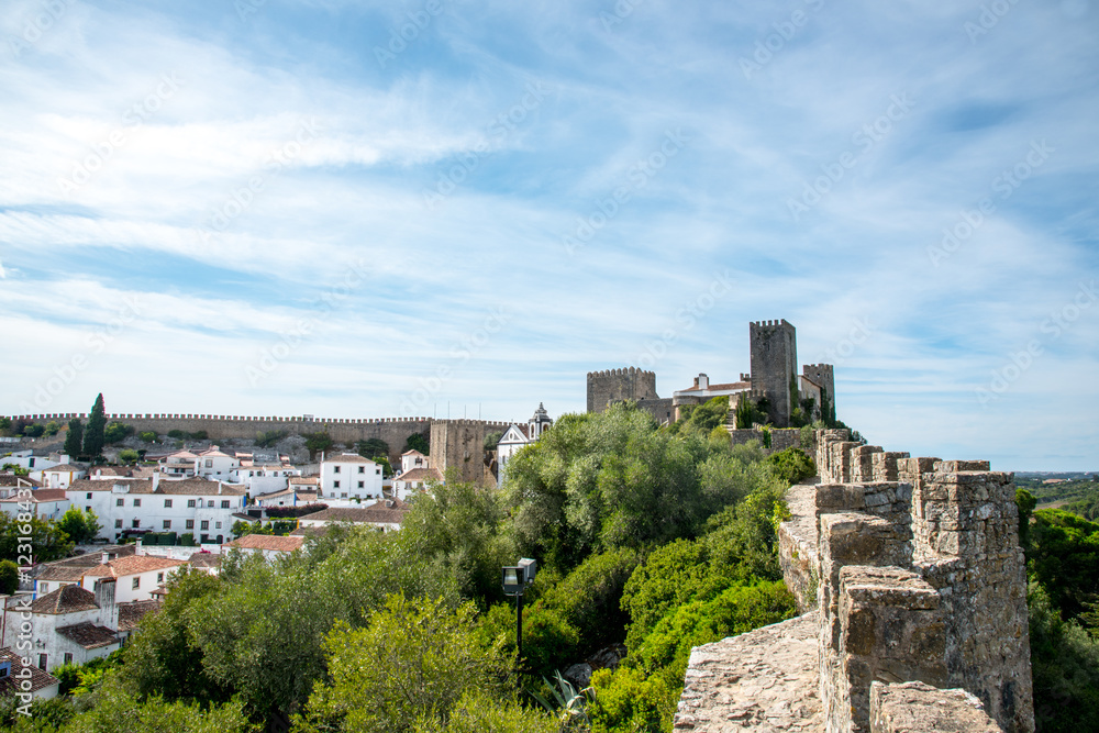 Obidos, Portugal : Cityscape of the town with medieval houses, wall and the Albarra tower. Obidos is a medieval town still inside castle walls, and very popular among tourists.