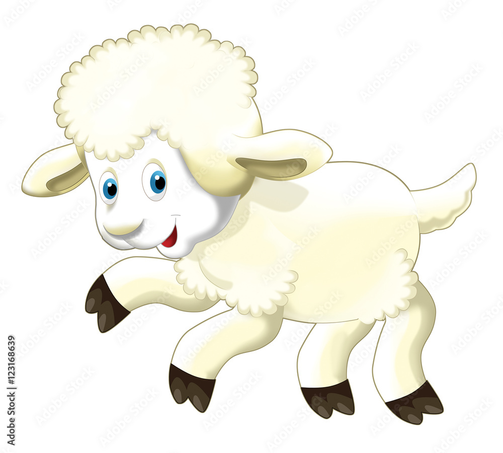 Cartoon funny sheep jumping and watching - isolated - illustration for children Cartoon funny sheep jumping and watching - isolated - illustration for children