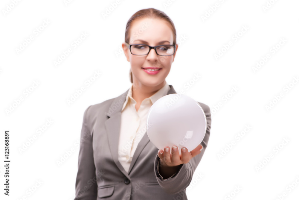 Woman holding crystall ball isolated on white Woman holding crystall ball isolated on white
