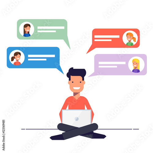 Happy guy is overwritten with the girls on a dating site. Communication via chat or e-mail on the Internet. A man sits with a laptop on his knees. Vector illustration in flat style.