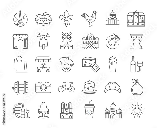 Set Vector Flat Line Icons France and Paris