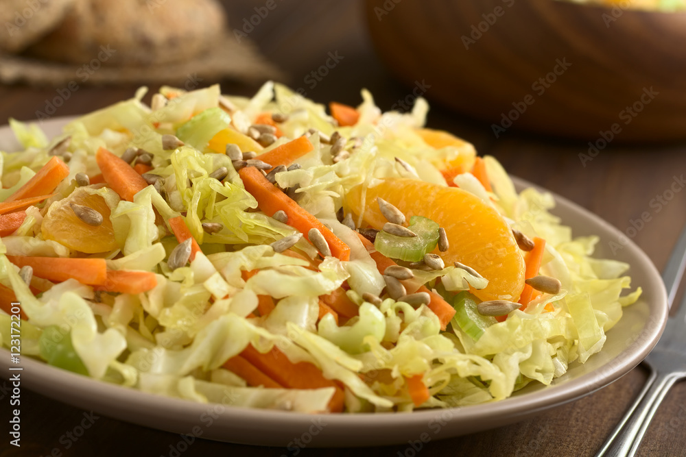 Fresh salad made of savoy cabbage, carrot, celery, and orange with roasted sunflower seeds on top, photographed with natural light (Selective Focus, Focus one third into the salad) Fresh salad made of savoy cabbage, carrot, celery, and orange with roasted sunflower seeds on top, photographed with natural light (Selective Focus, Focus one third into the salad)