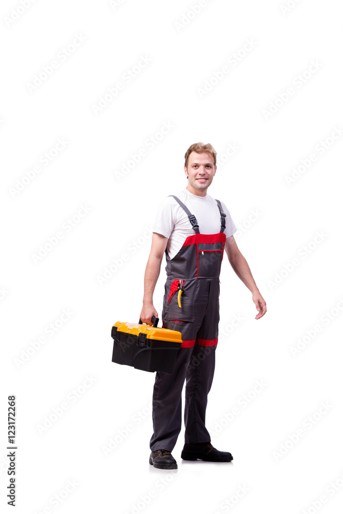 Young construction worker wearing coveralls isolated on white Young construction worker wearing coveralls isolated on white