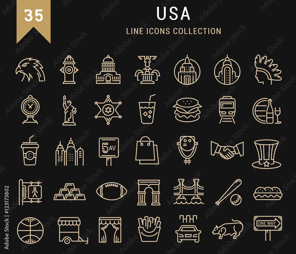 Set Vector Flat Line Icons USA and America