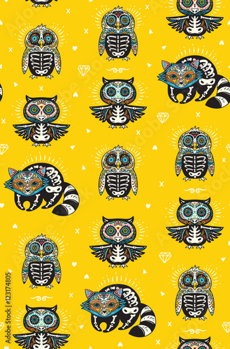 Sugar skull penguin, owl and raccoon pattern in Mexican style