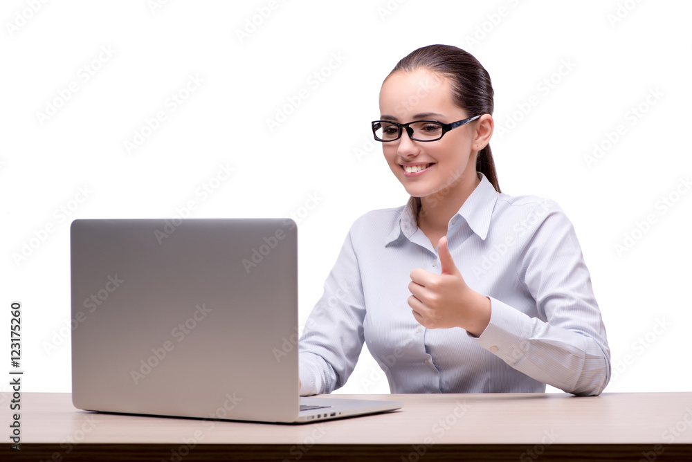 Businesswoman working at her desk on white background Businesswoman working at her desk on white background
