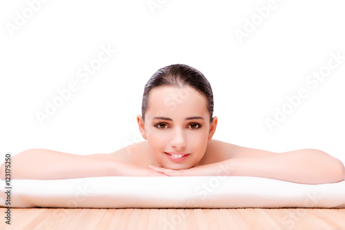 Young beautiful woman in health concept on white background