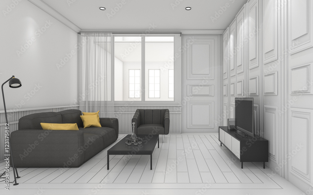 Fototapeta premium 3d rendering white classic living room with nice furniture