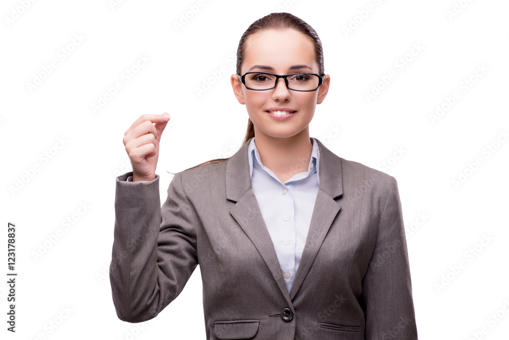 Bsuinesswoman pressing virtual buttons isolated on white Bsuinesswoman pressing virtual buttons isolated on white