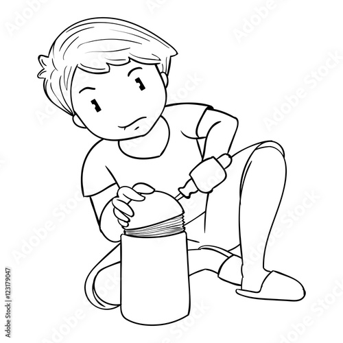 vector line art of a man using a screwdriver to repairing his tool