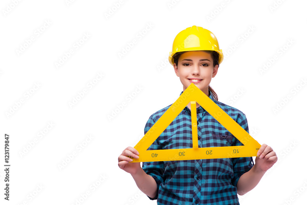 Young woman in industrial concept isolated on white Young woman in industrial concept isolated on white