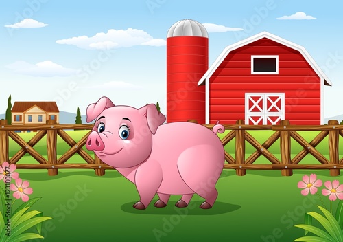 Cartoon pig in the farm background