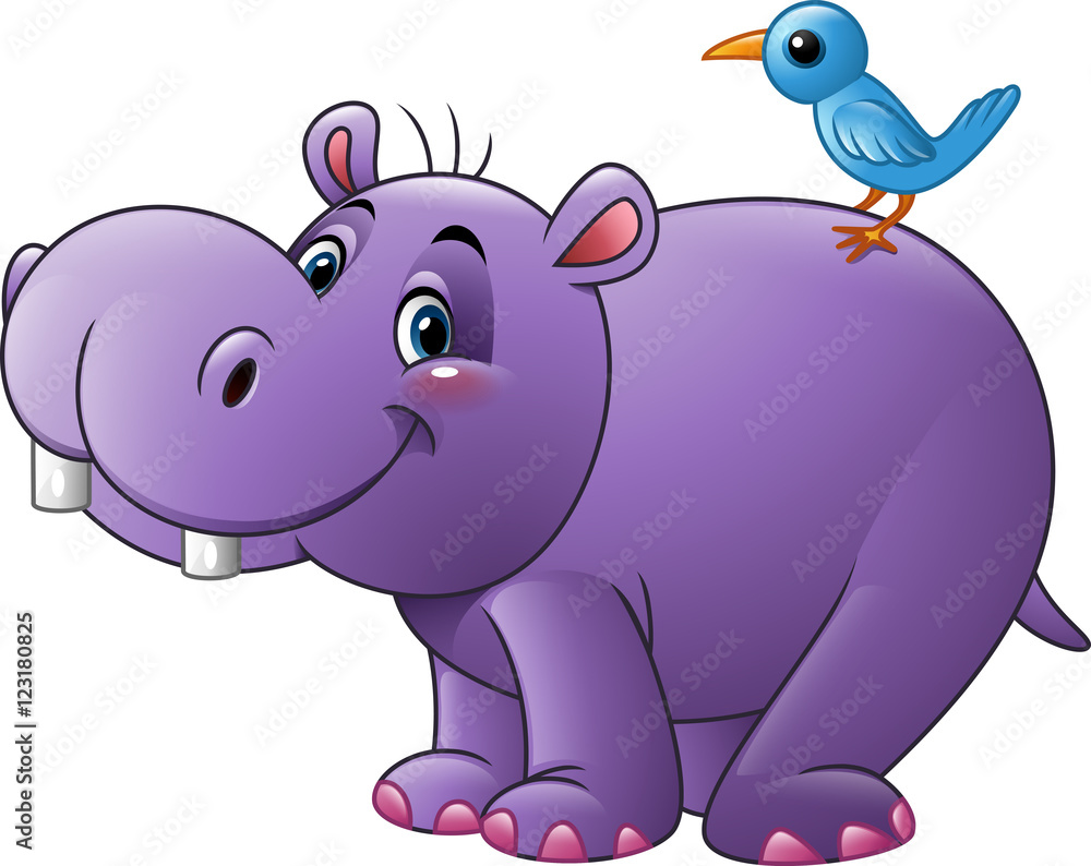 Naklejka premium Cartoon funny hippo with bird