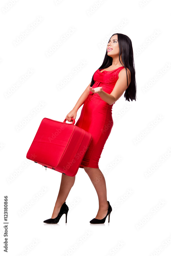 Woman with suitcase isolated on white background Woman with suitcase isolated on white background