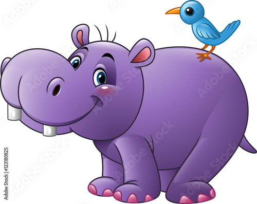 Cartoon funny hippo with bird