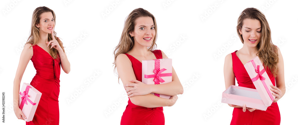 Pretty girl holding gift box isolated on white Pretty girl holding gift box isolated on white