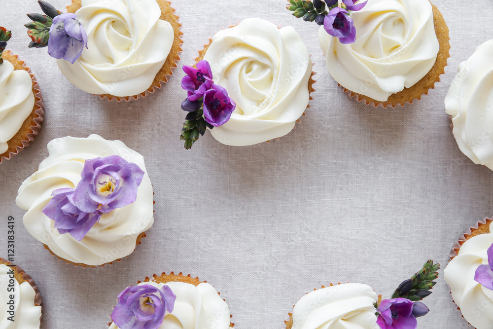 rose almond cupcakes with purple edible flowers, , keto, ketogenic, low