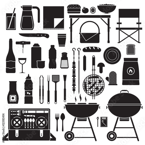 Picnic and barbeque elements icon set. Family weekend collection with barbecue grill, bbq utensils, grill food and grilling tools. Vegetarian barbecue set with soy sausages, mushrooms and vegetables.