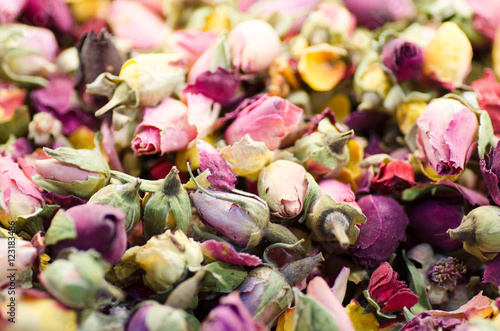 Dried roses buds as a background. Rose tea mixture