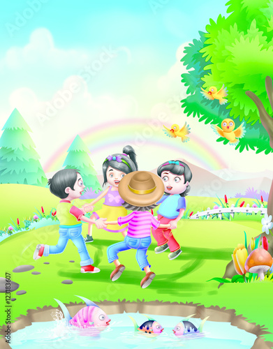 Kids playing near fish pond
