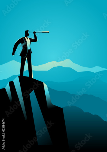 Businessman using telescope on top of the mountain
