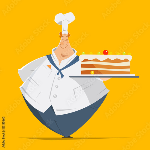 Fat man baker confectioner holding tray big cake