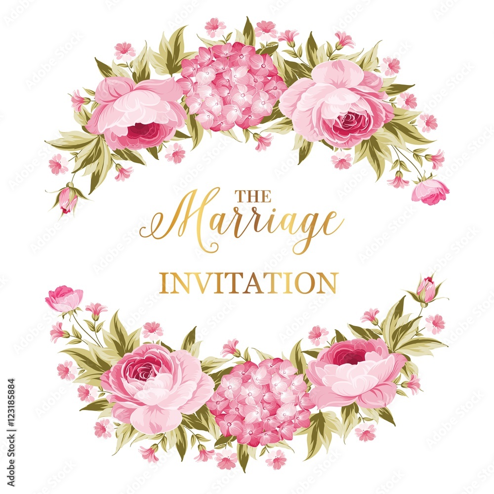 Marriage invitation card. Peony garland for holiday card. Avesome flower garland with roses isolated over white background. Vector illustration. Marriage invitation card. Peony garland for holiday card. Avesome flower garland with roses isolated over white background. Vector illustration.