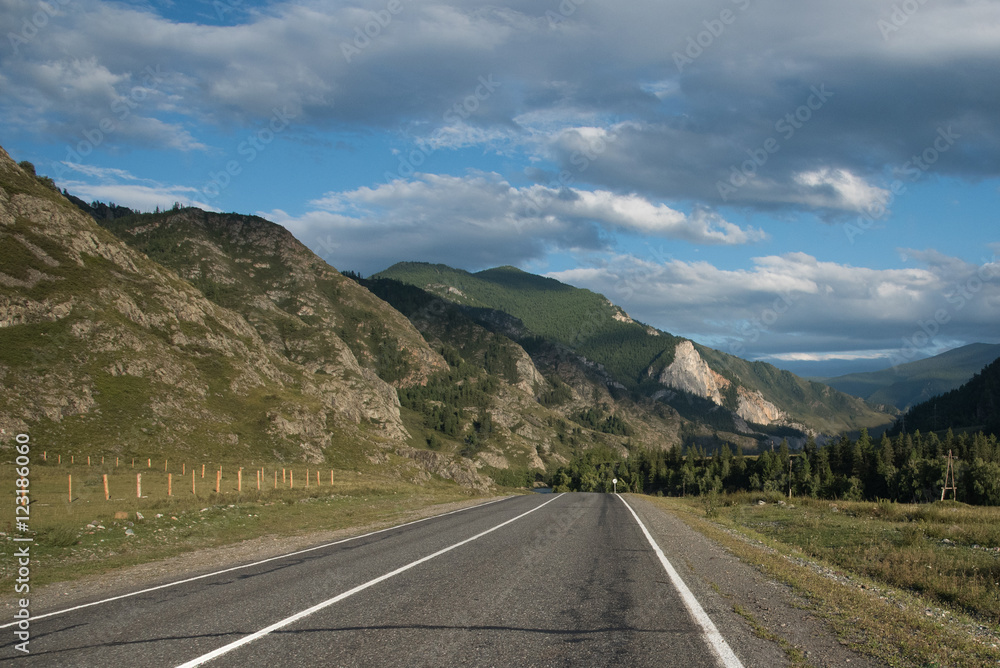 Asphalt winding road in the mountainous area in the summer and s