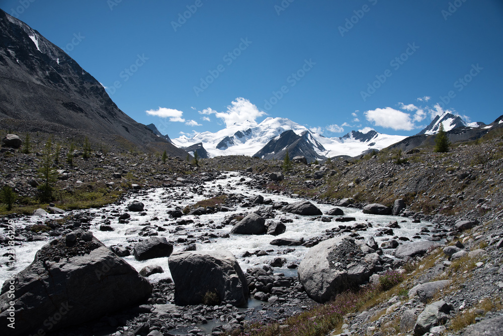 Wildlife Altai river running from the mountains and sky with clo