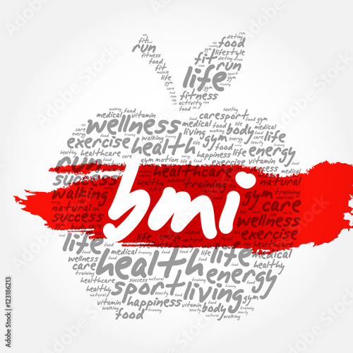 BMI - Body Mass Index, apple word cloud collage, health concept background