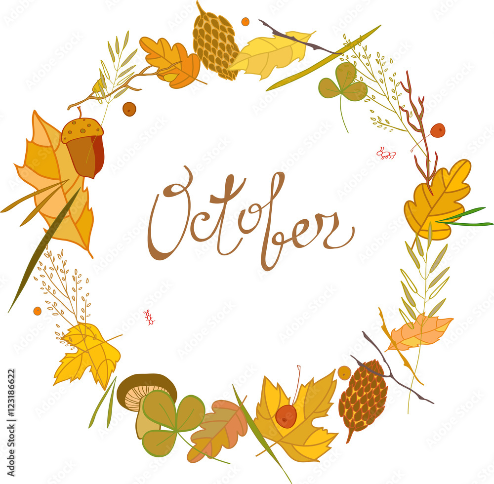 Obraz premium Vector autumn frame consisting of twigs, leaves, blades of grass, pine needles and other elements of autumn forest with the word October.