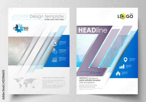 Business templates for brochure, magazine, flyer, booklet. Cover design template, easy editable, flat layout in A4 size. Abstract triangles, blue triangular background, colorful polygonal pattern.